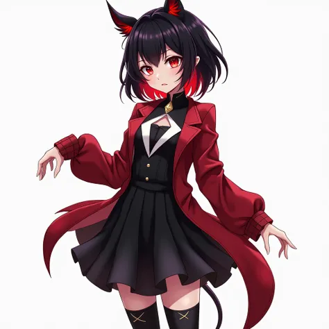 transparent background, Anime girl with curly hair, black at the ends red, small red eyes,black blouse with white triangle neckline, red jacket that has a red skirt with a smooth middle and wavy sides, black sleeves that show the shoulders, elbows and fing...