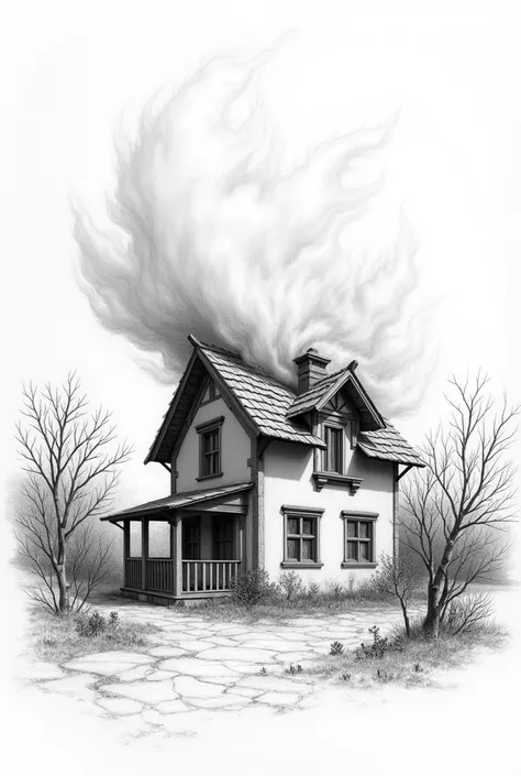 (highly detailed) (pencil sketching) house roof blown by wind 