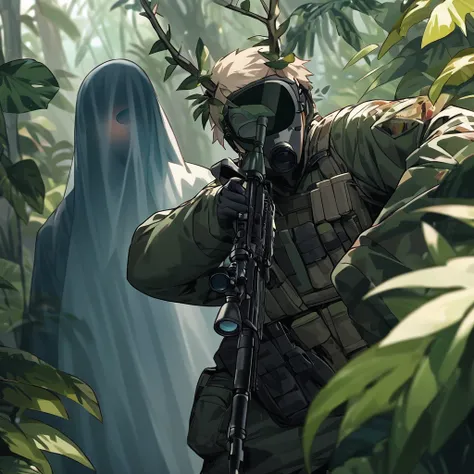 ((invisible man:1.5))、stealth infantry combat group、invisible manの複数の女性兵士、the outline of the body is blurred and unclear、he poin...