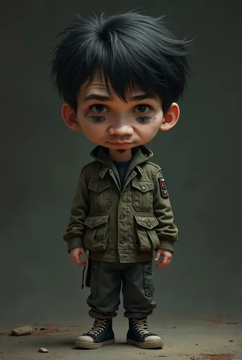 masterpiece, best quality, ultra-detailed, 8k, illustration, 1 boy, big head, rubber skin, full body, black hair, army jacket, black white shoes,dark background,