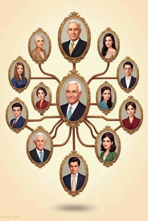 Create me a family tree which have 13 members and put a frame to each members position on the tree