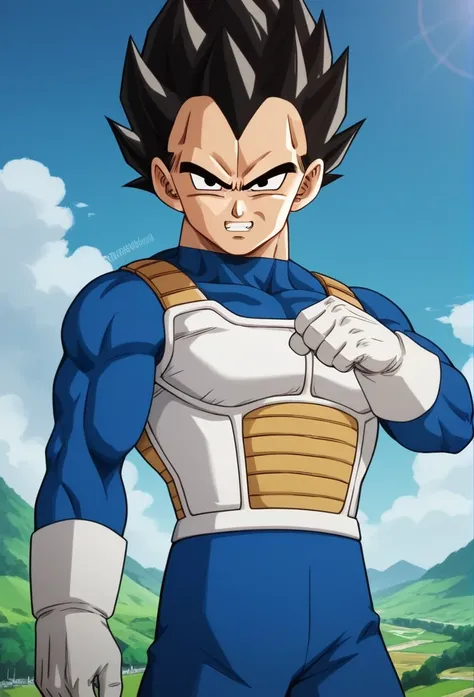 vegeta, with his typical hair, male, black hair, black eyes, spiky hair, high resolution, masterpiece, high details, landscape b...