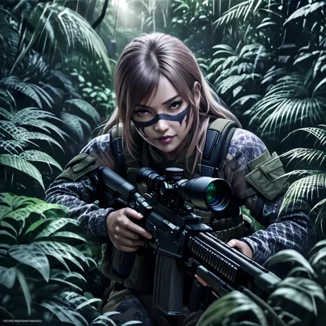 realistic highly detailed transparent stealth female combat squad,multiple transparent stealthy female soldiers in jungle,blurre...