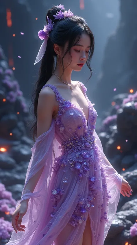 Beautiful Japanese woman in short dress made of geodes Amethyst druse, background large stones black lava magma, crystal geodes, (XLabs F.9 Realism LoRA V9), floating particles, magic fire, (geodas cristal grande V2),( vestido corto geodasDrusa de amatista...