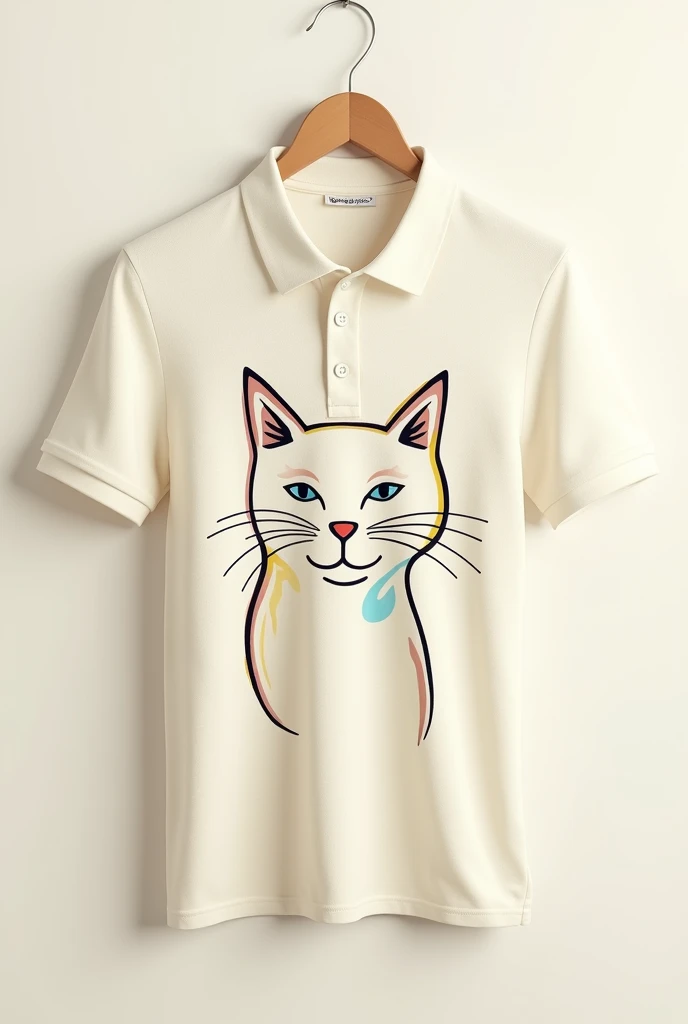 Create just a cream polo shirt with a crew neck without a person with the image of a linear cat with artistic type colors