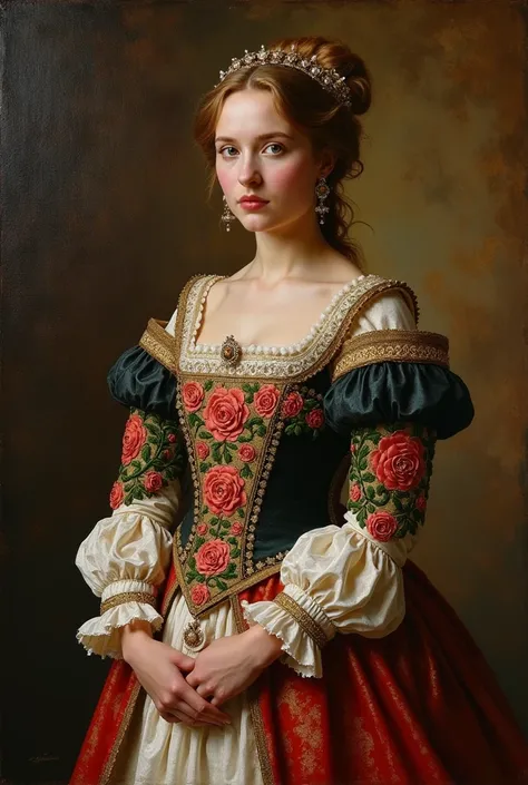 best quality, work of art, oil painting on canvas, (a painting, Medieval full dress with rose embroidery details
