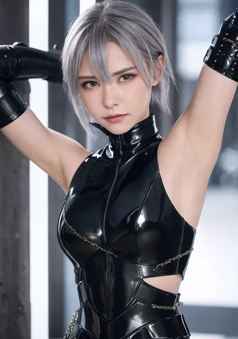 Armpit、female assasin agent、Imprisonment、Chained in a prison、Both hands are in chains、A regretful face、blush、Tears、囚われのfemale knight、Gray Hair、Long Hair、Very reastic clean armpits, armpit lines, armpit pores, SUNSHINE ON SKIN, SUNSHINE ON ARMPIT, Very Real...