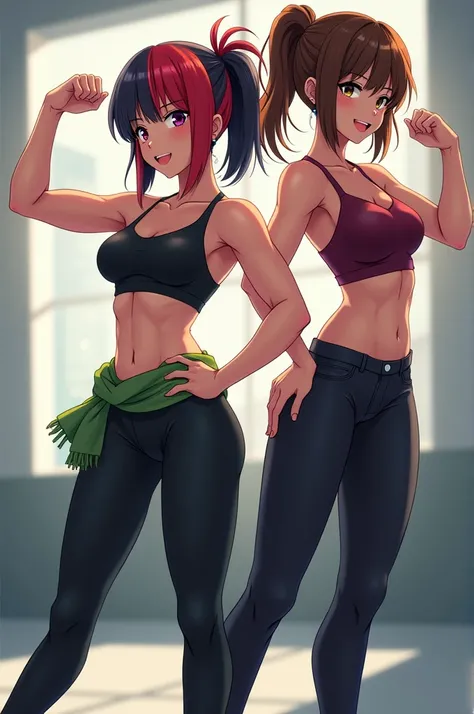 anime. A short-haired girl with half red hair and the other half black, with black pants, a green sweater around her waist and a black camisole. Doing a fitness pose showing off his muscles. Next to her is another girl with slightly long brown hair., black...