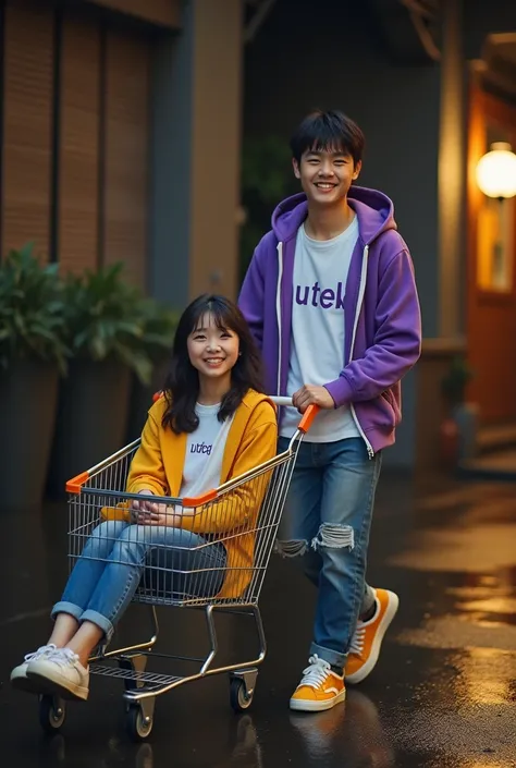 A very handsome Korean man, wearing a white t-shirt that says "utek" is pushing a young Asian woman sitting happily in a shopping basket under dim, warm lighting. He was wearing a purple hoodie with OBY written on the front, and ripped blue jeans. His shoe...