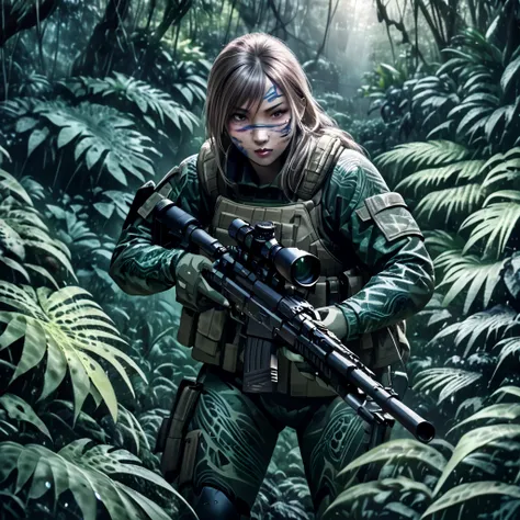 realistic highly detailed transparent stealth female soldier group in a lush dense jungle, multiple transparent female soldiers ...