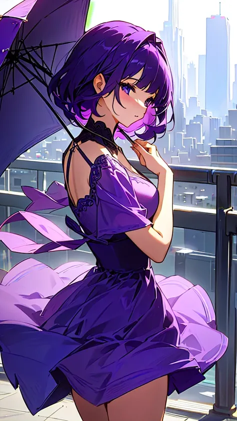 short purple dress, with a highly detailed city background, Depth of field, 