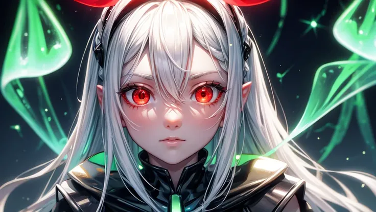 cute fantasy elf hunter woman in the forest, ((Best Quality:1.0)、(Ultra-high resolution:1.0)、(((Eyes close up)))、(Red eyes that glow white:1.5)、(Red eyes with a strong white light emitting from within:1.5)Headphones、Half-body portrait、Very bright and lumin...