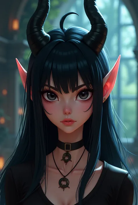 create a half demon woman with pointy ears, tiefling race rice-colored skin with straight black hair, a fringe also black and totally black eyes in animation style