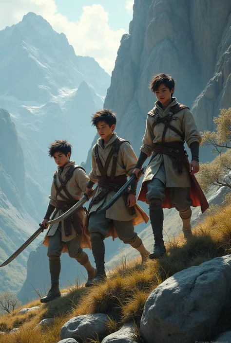 3 teenage brothers climbing mountain wearing old era clothes. Having sword 