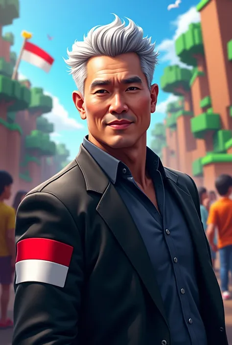 fanart festival, gray haired male character, wearing a black jacket with the Indonesian flag written on the sleeve, background renderer Minecraft, size 1280x1280