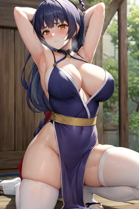 masterpiece, best quality, beautiful art, high resolution, well formed hands, body and fingers, 1 woman, solo, Xiangling, adult, grown up, large and big breasted, cleavage,  full body, braided long hair, blue_japanese_clothes, wearing DOA Kasumis blue kuno...