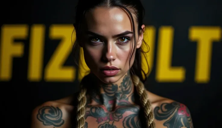 The frame looks like a still from a movie, shot close up, Professional Realistic Advertising Photo, professional photo studio light, Girl sexy body , Harsh, Brutal, in tattoos, with a dangerous look from under his forehead, age 20 years, russian girl is ch...