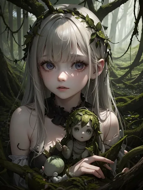 In the middle of a dark, eerie forest, a discarded, weathered doll lies abandoned on the forest floor. Its porcelain face is cracked, with one glassy eye missing, and moss has begun to grow over its delicate features. Vines and wild plants creep around the...