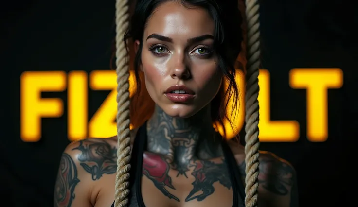 The frame looks like a still from a movie, shot close up, Professional Realistic Advertising Photo, professional photo studio light, Girl sexy body , Harsh, Brutal, in tattoos, with a dangerous look from under his forehead, age 20 years, russian girl is ch...