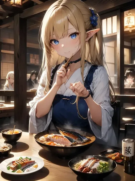 high quality, 8k. masterpiece, high quality, high resolution, izakaya、a beautiful elven woman with long blonde hair and blue eye...