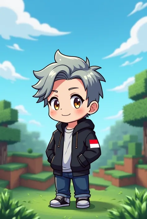 Buy chibi art, gray haired male character, wearing a black jacket with the Indonesian flag written on the sleeve, background renderer Minecraft, size 1280x1280