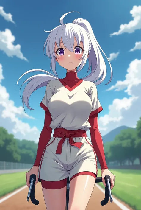 HD、Animation style、white hair 、Purple Eyes、girl、plump breasts 、High school student 、single ponytail、Baseball player、Light color short sleeve top、Long sleeve red underwear、Good shape、Thin、sash、Sky、cloud、sunny、Cycling、Navel exposed、dazzler、Breasts exposed、ni...