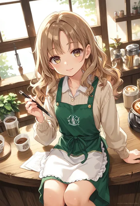 (masterpiece, best quality,dynamic angle,Dutch angle shot),soft watercolor style, shoulder-length wavy hair, warm chestnut brown, round soft hazel eyes, gentle and content expression, fair skin with a natural glow, petite and delicate build, wearing a cozy...