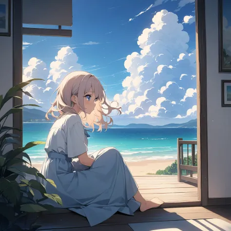 ((style:Light color)),(anime)、(masterpiece:1.2),Large cumulus clouds visible from the room、Summer sky、(A girl sitting and looking out of the room)、A large depiction of blue sky、Summer landscape、The old house is near the sea、Hair blowing in the wind、Light e...