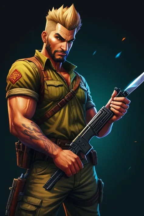 a cartoon image of a man with a knife and a gun, cartoon artstyle, fanart, full color digital illustration, epic full color illustration, comic character design, comic book arzach style, game art, full color illustration, farcry, communist draven, comic ch...