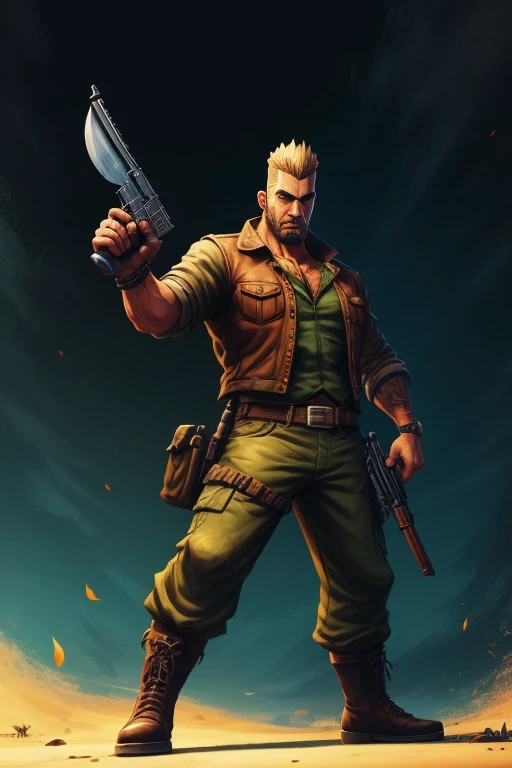 a cartoon image of a man with a knife and a gun, cartoon artstyle, fanart, full color digital illustration, epic full color illustration, comic character design, comic book arzach style, game art, full color illustration, farcry, communist draven, comic ch...