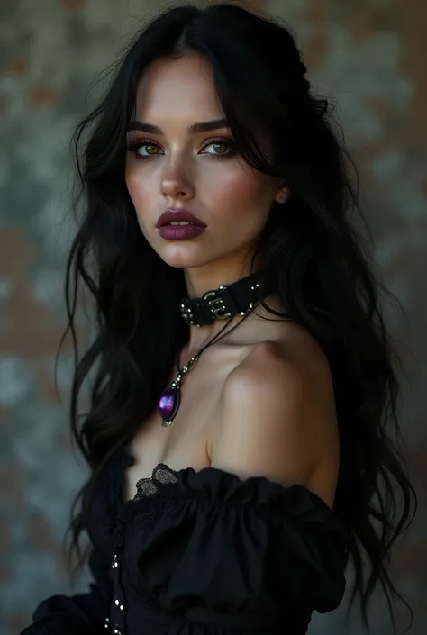 beautiful girl in her 20s, brown eyed, black hair with a little wave, with semi-gothic style makeup and clothes, wearing a purple pendant necklace