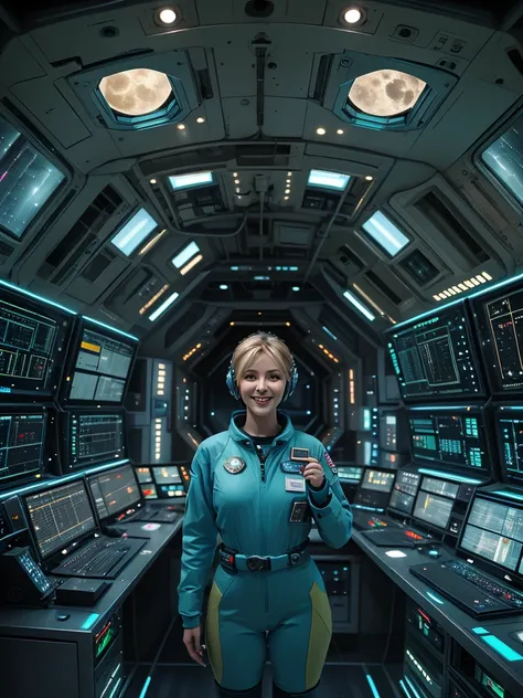 (masterpiece:1.4),(best quality, photorealistic), A beautiful Blonde woman with short Choppy Bob hair style, 4, she is wearing a full length Teal and copper space suit, she has perfect hands and face, ((she is standing in the large control room area of a g...