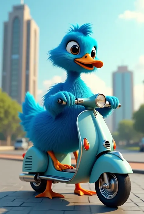 Create a blue duck, riding a scooter 