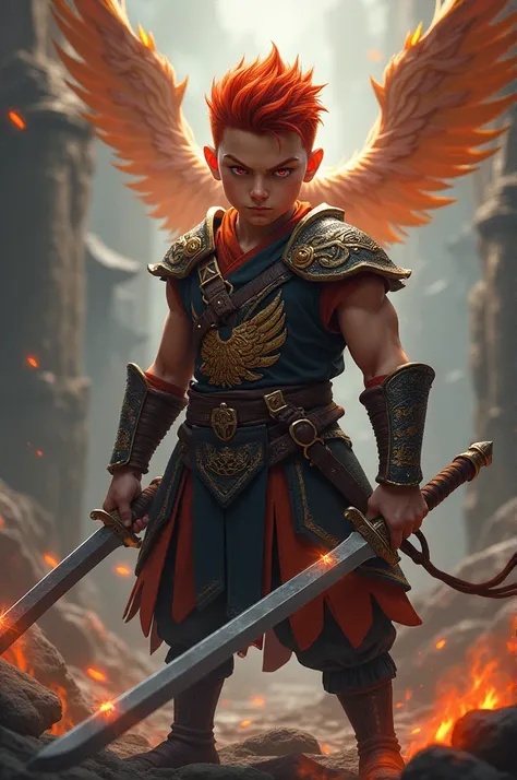 RPG Character, warrior man, small muscular, high, with red hair logos, blood color eyes, serious face, 2, no tattoos, with the blessing of a phoenix