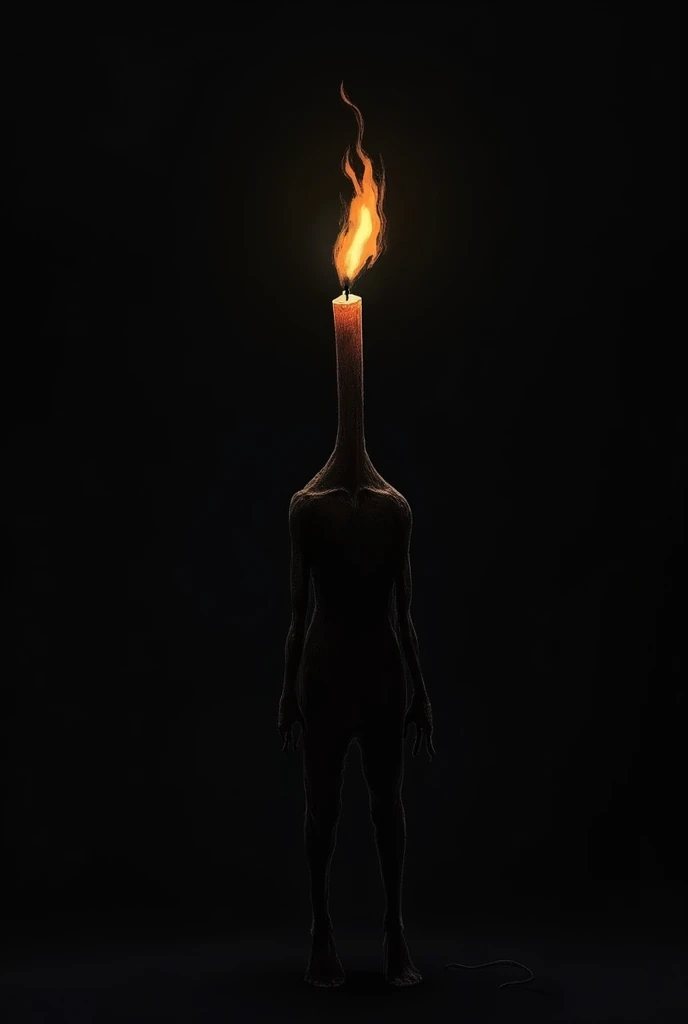 man with candle head, simple, easy, sketch, with black background, lighting its surrounding, 2d