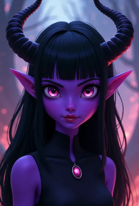 create a half demon woman with pointy ears, with purple skin of the tiefling race with straight black hair, a fringe also black and eyes with black sclera and iris in animation style