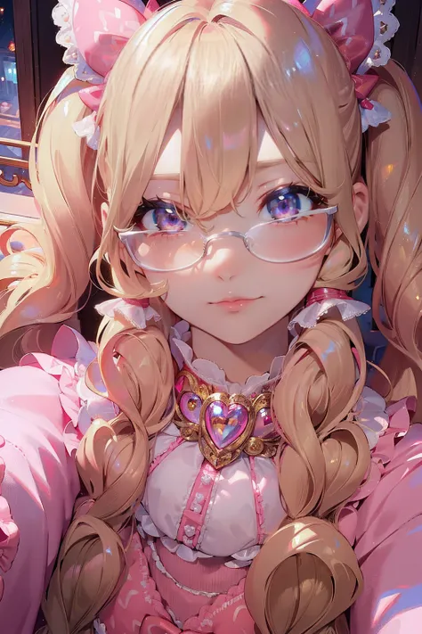 (masterpiece:1.2), super detailed, massive, beautiful detailed eyes, beautiful detailed lips, extremely detailed eyes and face, long eyelashes, long blonde hair, twin tails, hair down, pink bow, pink clothes, wearing rounded gold glass, from above, selfie,