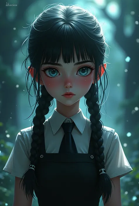 A beautiful and evil young girl named Claudia with neat and braided black and WHITE hair with a twisted childhood, who’s powerful at doing dark magic. Make the photo animated style.