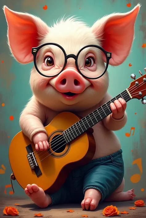 Pig wearing glasses playing guitar