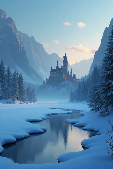 make a big freeze lake and in the background the school of hogwarts