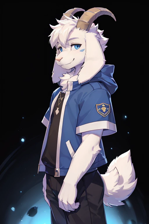 1boy, teenager, innocent, alone, Asriel, Undertale (Asriel Dreemurr), smile, 1Eskimo coat (blue coat, no drawing), tall, hairy, anthropomorphic, blue eyes (black blouse, black pants), goats paw, paw with pastern((short tail, anthropomorphic tail, short tai...