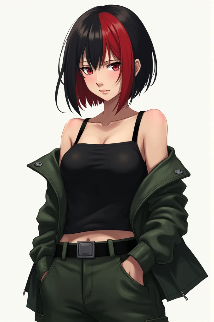 (anime) (serious gaze) A girl with short hair to her shoulders, half her hair is red and the other half is black.. black cargo pants, black camisole and dark green Mariné style jacket over it. 