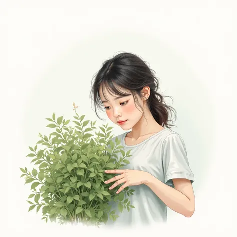 girl woman looking at a bush curious, white background, drawing 