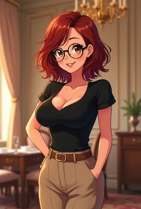 Brunette anime girl with shoulder length red curly hair, round glasses, voluptuous body, 155 centimeters tall, soft smile, black top and beige pants, in a luxurious room