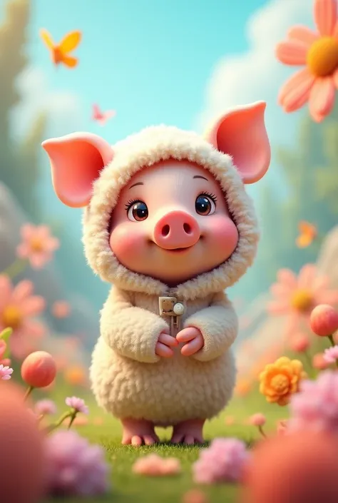 
cute 3d pig in sheep&#39;s clothing in a colorful environment