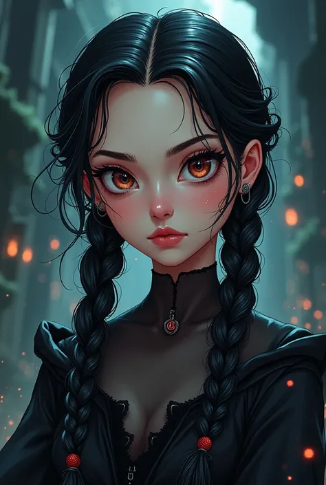 A beautiful and evil 1 girl named Claudia with neat and braided black and WHITE hair (50% white, 50% black) with a twisted childhood, who’s powerful at doing dark magic. Make the photo cartoon style, but not too much.