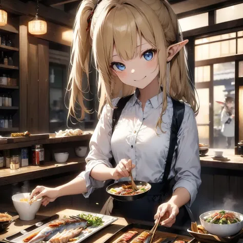 high quality, 8k. masterpiece, high quality, high resolution, izakaya、a beautiful elven woman with long blonde hair and blue eye...