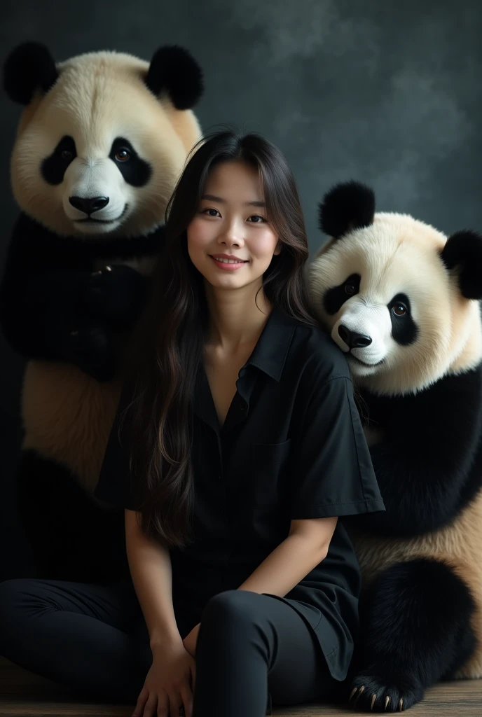 original portrait, a beautiful young asian woman, 2 , long hair ,Smile sweetly, sitting in a dark room accompanied by two big black and white thick furred pandas behind him ,
, wearing a black shirt , white smoky dark black background  , full body