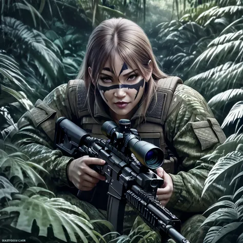 a woman soldier in camouflage body paint, stealthy combat squad, multiple invisible female soldiers, blurry body outlines, aimin...