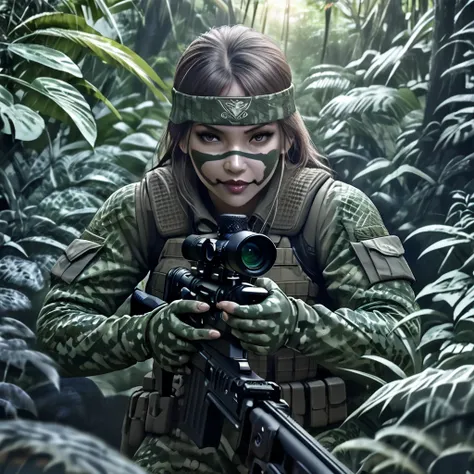 a woman soldier in camouflage body paint, stealthy combat squad, multiple invisible female soldiers, blurry body outlines, aimin...